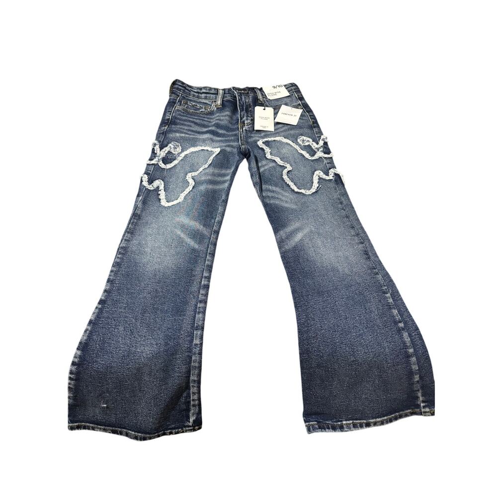 Forever 21 9/10 high rise flare butterfly blue deep jean adjustable waist nwt